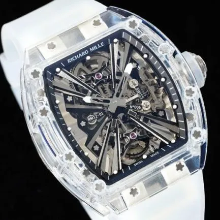 High-quality Richard Mille white steel reproduces the legendary generation of extraordinary sports quality RM12-01 tourbillonsapphire crystal transparent version clasp picture