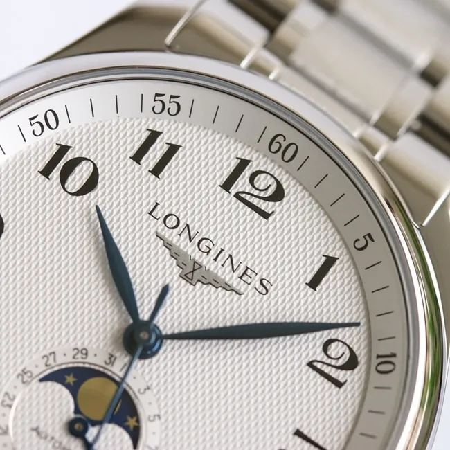 GF Factory Top collectible watches Longines Men's White Plate Steel Strap Masterpiece Series Moon Phase 42mm Mechanical Watch Front View