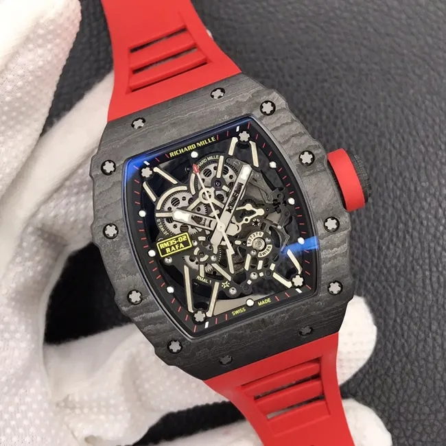 ZF Factory Top collectible watches Richard Mille Men's Black Plate Red Rubber Band Automatic Mechanical Watch Side View