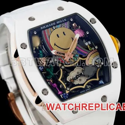 Richard Mille men's top-tier smiley tourbillon white shell white rubber model RM 88side live photo