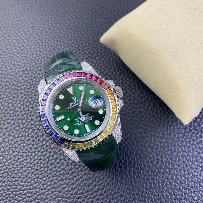 Rolextop-tier watch men's green dial green strap fully automatic movementleather strap watch side view