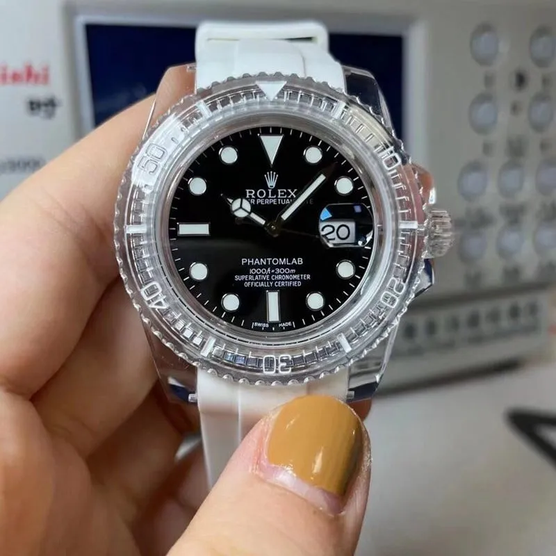 RolexreplicaBlack Submariner transparent watch 3135movement black face side view