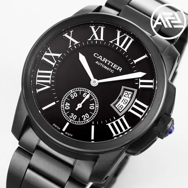 Cartiertop-tier watch men's automatic movement Kalibo series black dialsteel bracelet watch detail shots side view