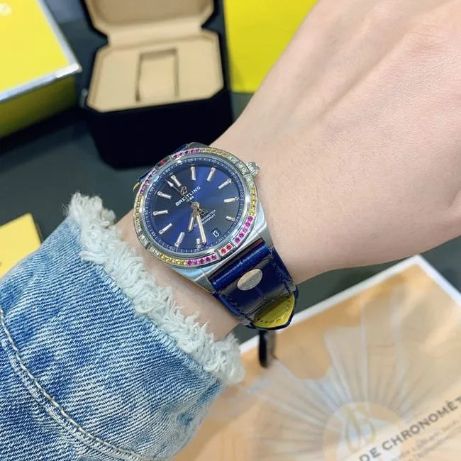 Breitlingtop-tier replicahigh-quality ladies blue dial blue belt automaticchronograph South China Sea capsule series leather strap watch front view