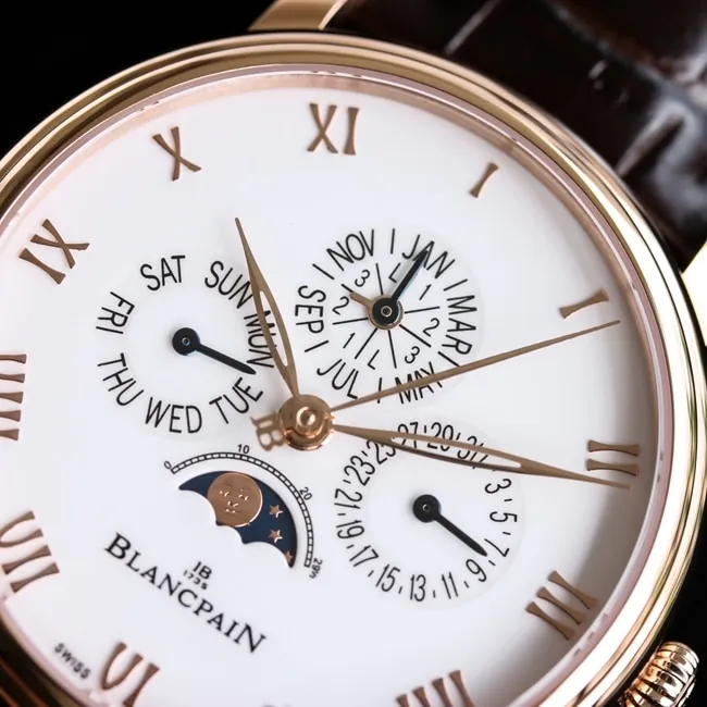 top-tier watch Blancpain classic series 6656 men's white dial brown belt automatic movementleather strap watch detail shots