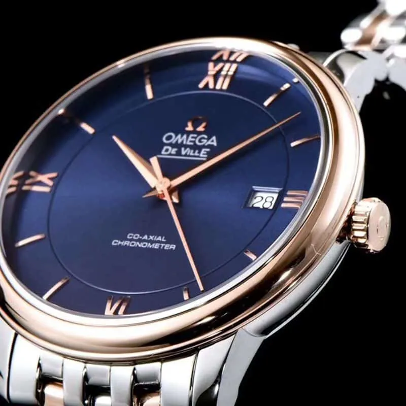replicaOmega watch De Ville series men's mechanical ultra-thin watch rose goldsteel bracelet blue face bracelet picture