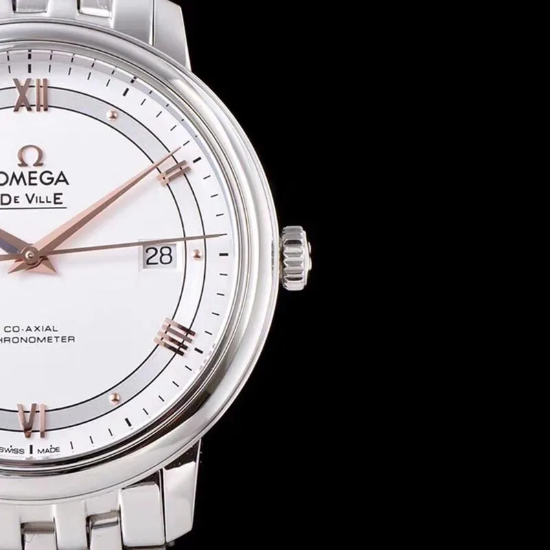 Omegasuper watch disc flying business series men's mechanical ultra-thin watch white steel rose gold scale front view