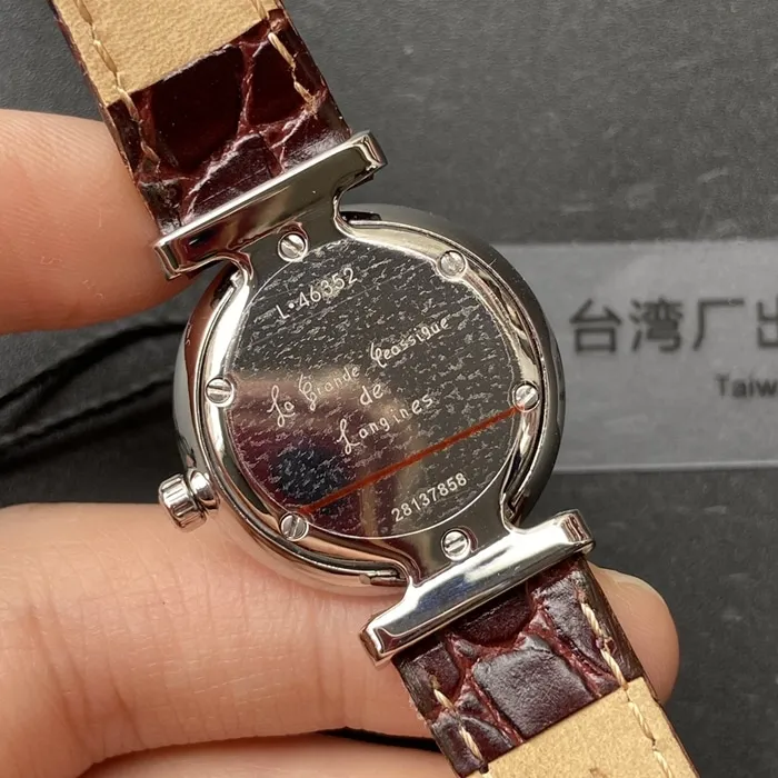 top-tier watch Longines couple watch white dial brown belt Jialan series watch side view