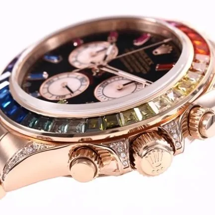 top-tier replicaRolex men's black dialrose gold with new Daytona rainbow automatic movement watch front view