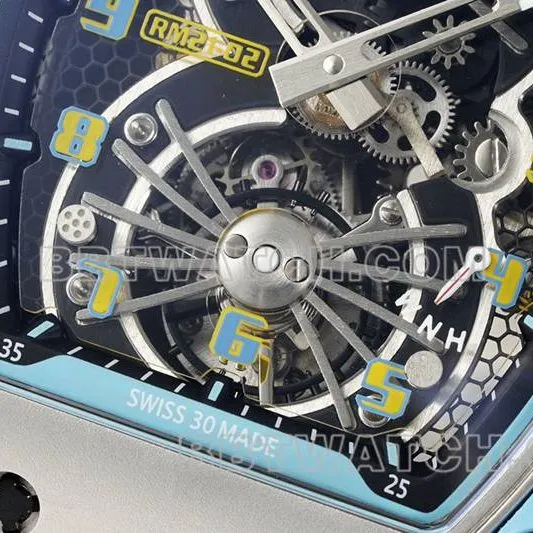 Richard Mille's collectible watch hollow dial tourbillon mechanical black rubber model RM 21-02caseback live photo