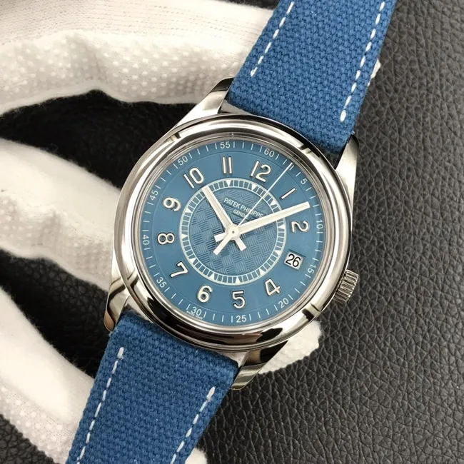 3K Factorytop-tier watch Patek Philippe men's blue dial blue belt 6007 series mechanical nylon strap watch side view