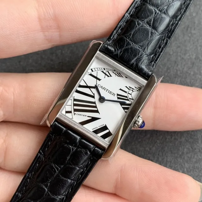 K11 factory top-tier watch Cartier women's white dial black belt tank series leather strap watch side view