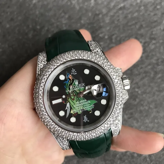 top-tier watch Rolex men's black dial green strap automatic movementleather strapv3 version Submariner series watch back cover picture