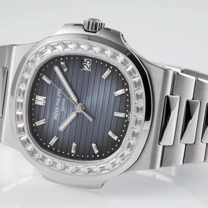 top-tier watch Patek Philippe men's blue dialsteel bracelet watch front view