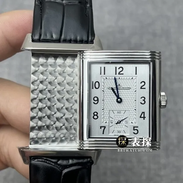 MG factory Jaeger-LeCoultre flip watch top-tier high-quality watch men's silver dial double-sided flip leather strap model pictures and prices side live photo