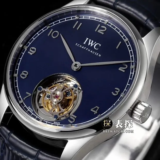 Portuguese IWC1:1replica watch men's blue dialtourbillonleather strap caseback live photo