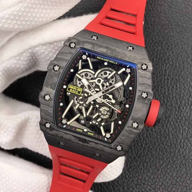 ZF Factory Top collectible watches Richard Mille Men's Black Plate Red Rubber Band Automatic Mechanical Watch Buckle Figure