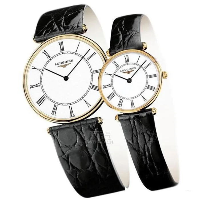 top-tier watch Longines couple watch white dial black belt Jialan series quartzleather strap watch front view