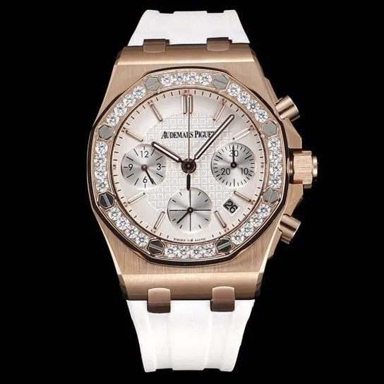 top-tier watch Audemars PiguetAudemars Piguet Royal Oak women's multifunctional chronograph white dial mechanical watch front view