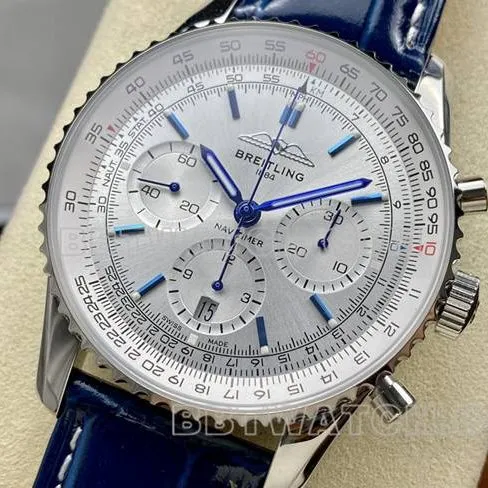 collectible watch BLS factory aviation chronographBreitling silver white dial blue leather strap model braceletlive photos