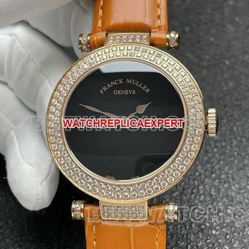 watch frank mill quartz ABF factory black dial gold diamond bezel orange leather braceletside live photo