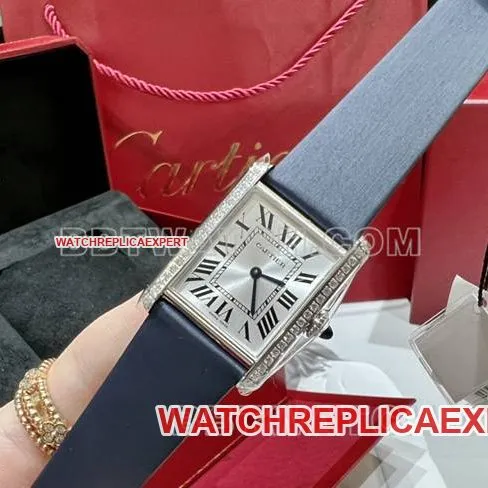 collectible watch tank DR factory Cartier silver white dialdiamond bezelquartz blue leather braceletclasplive photos