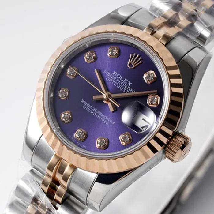 top-tier watch Rolex women's blue dial Date just steel bracelet watch side view