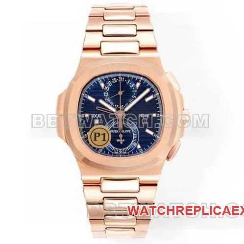 Sporty and elegant collectible watches P1 factory Patek Philippe blue plate rose gold mechanical steel strap models 5990 front real picture