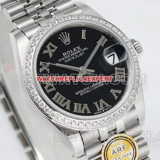 ARF factory Rolex log top imitation black disk Roman numerals diamond ring 31mm five compartment links 278289 side actual photo