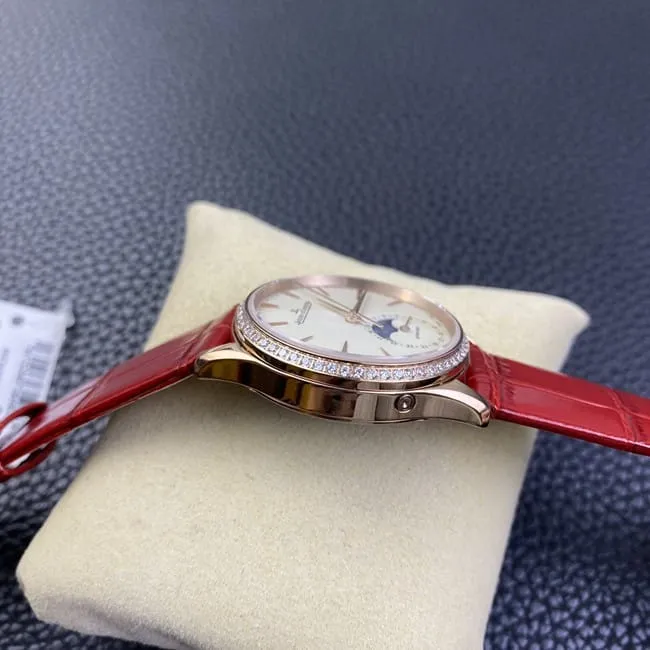 Jaeger-LeCoultretop-tier watch ladies white dial red dot moon phase master automatic movementleather strap front view
