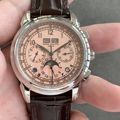 top-tier watch Patek Philippe men's pink plate brown belt super complex function series leather strap watch front view