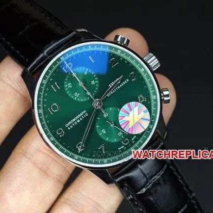 YL factory top-tier watch IWC green Portuguese watch 150th anniversary model men's green dial black belt full automatic movement see-through bottom leather strap watch clasp picture