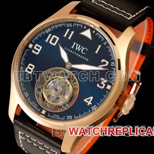 IWCtop-tier watch RMS factory pilot blue dialrose goldtourbillon mechanical leather strap model front live photo