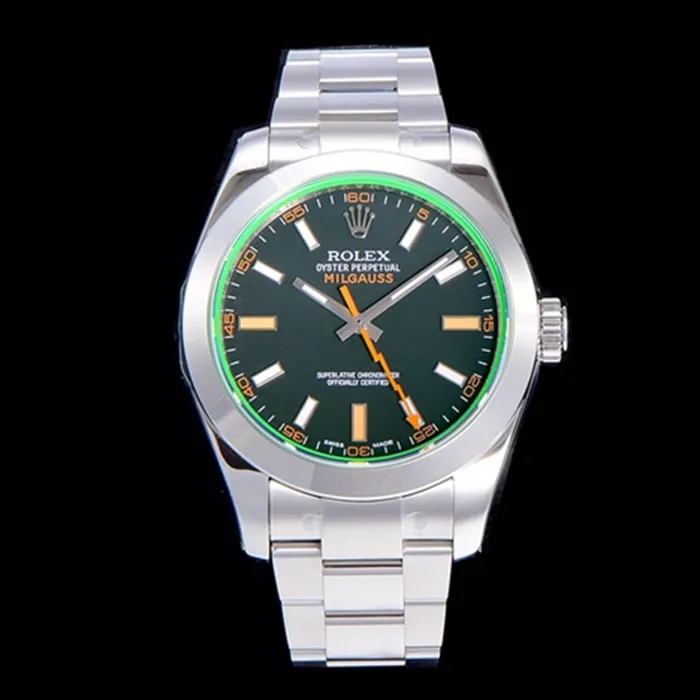 top-tier watch Rolex men's green dialsteel bracelet watch front view
