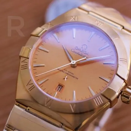 Top collectible watches Omega 5th Generation Constellation Series Gold Plate Gold Steel Strap Men's Earth Watch Buckle Figure