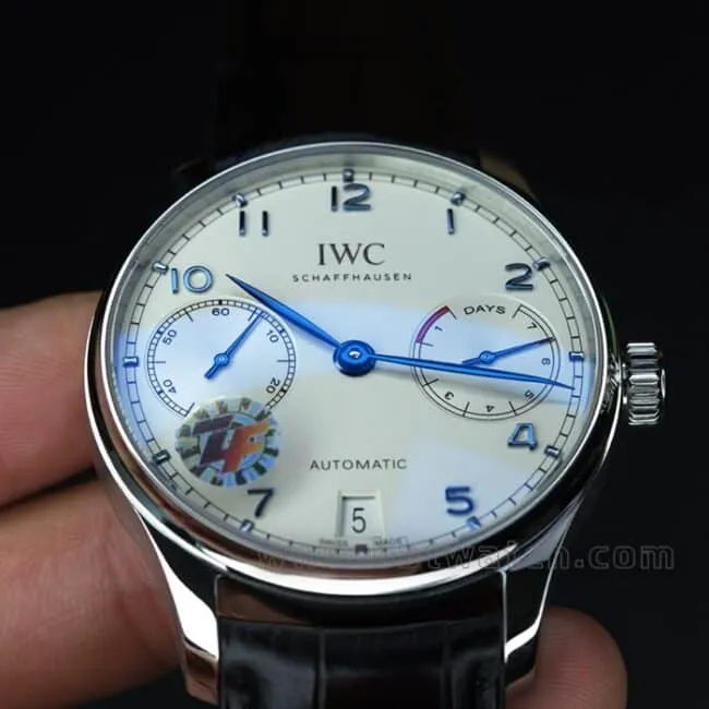 ZF Factorytop-tier watch Portuguese 7 roasted blue needle 7-day chain men's white dial black belt high-value mechanical leather strap watch front view