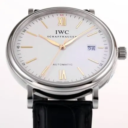 V7 factory IWC top-tier replicahigh-quality watch men's white dial black belt wave Fino series disc automatic movementleather strap watch detail shots