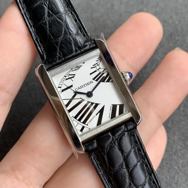 K11 factory top-tier watch Cartier women's white dial black belt tank series leather strap watch back cover picture