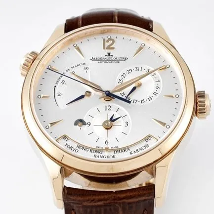 ZF Factorytop-tier replicaJaeger-LeCoultrehigh-quality watch men's white dial brown belt Geographer Q1428421 series mechanical leather strap watch front view
