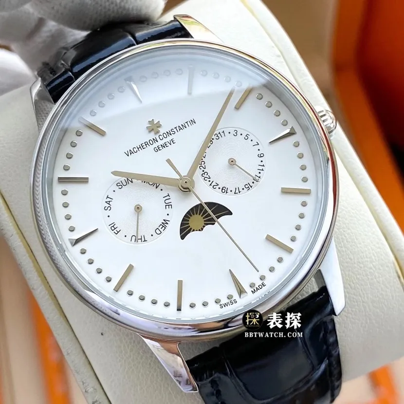 Vacheron Constantin Geneve Top Watch, Men's White Dial Moon Phase Leather Strap Model, Pictures and Price, Side Real Shot Picture