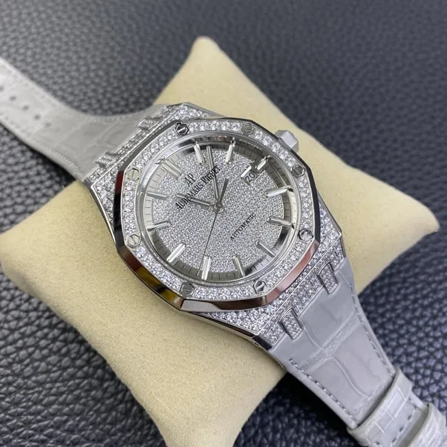 Audemars Piguettop-tier watch men's white dial gray belt Royal Oak series fully automatic movementleather strapmovement picture