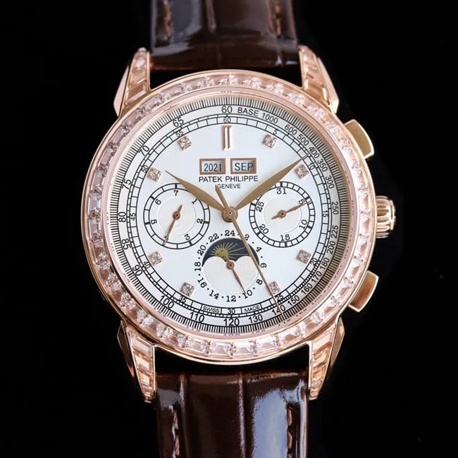 PFF factory Patek Philippetop-tier watch super complex function chronograph series men's white dial brown belt watch side view