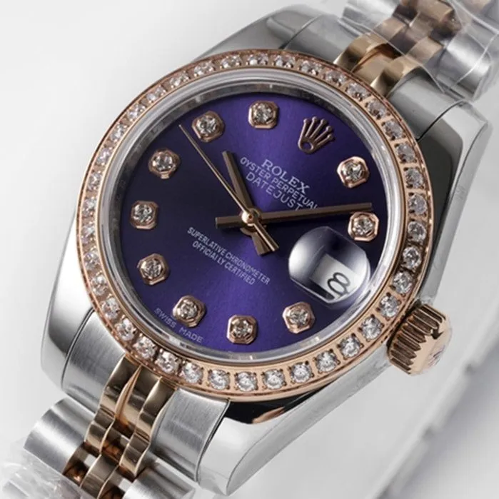 top-tier watch Rolex women's blue dial Date just steel bracelet watch side view