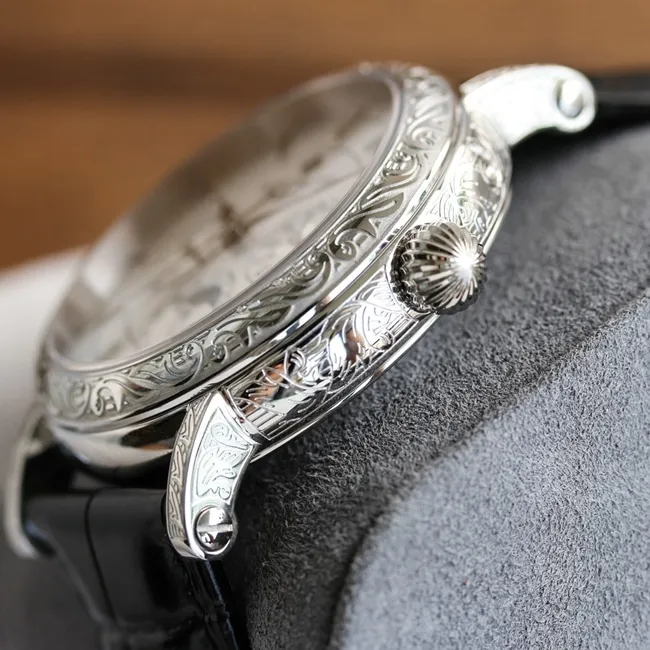 Patek Philippetop-tier watch men's white dial black strap hand-engraved mechanical leather strap 42mm watch front view
