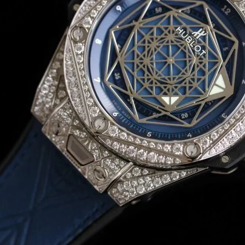 top-tier watch Hublot series tattoo OEM1:1 open mold white steel blue dial full diamond men's mechanical watch clasp picture