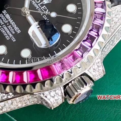 Rolex Submariner super cloneblack dial rainbow diamond bezelleather strap front live photo