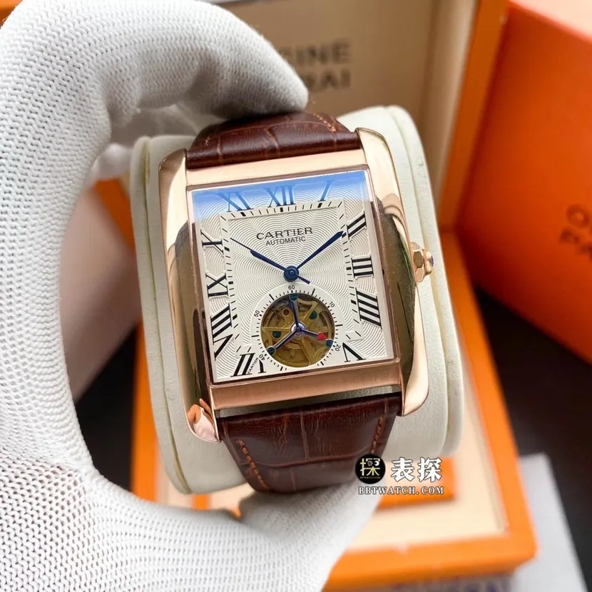 Cartier top imitation watch men's silver white dial tourbillon leather strap style pictures and price front actual photo