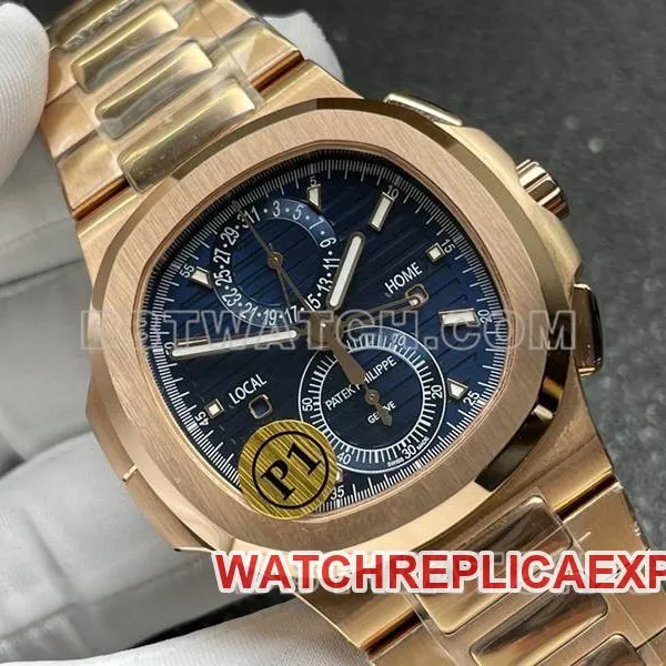 Patek Philippe Watch Sport Elegant Blue Dial Mechanical Rose Gold Steel Strap Model 5990 Front view