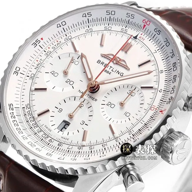 BLS aviation chronograph1Breitling1:1replica watch silver plate leather strap model AB0139211G1P1front live photo