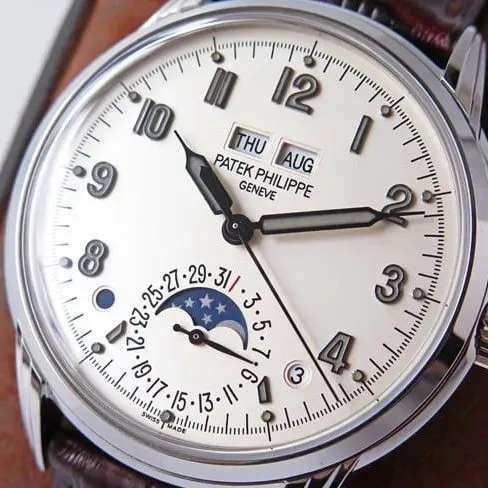 GS factory top-tier watch Patek Philippe men's white dial brown belt super complex function timepiece leather strap watch front view